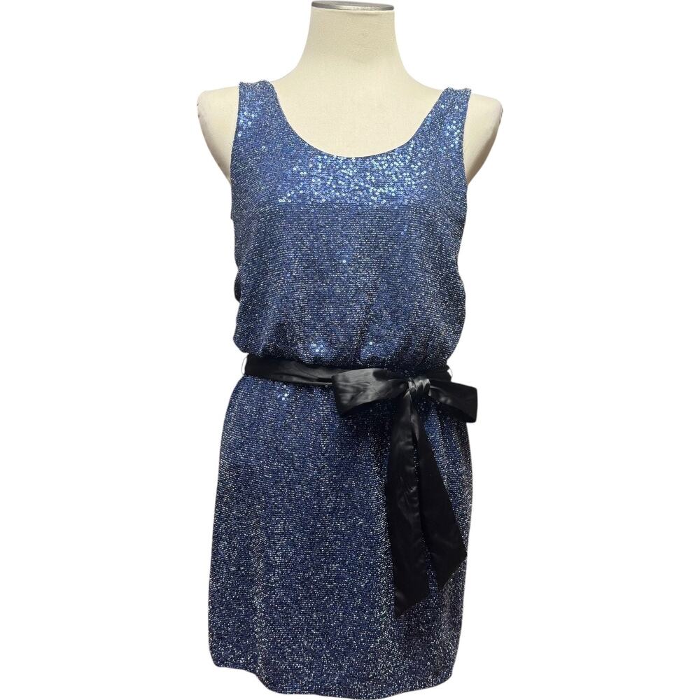 Express Sleeveless Sequin Mini Dress with Satin Sash Blue Black XS